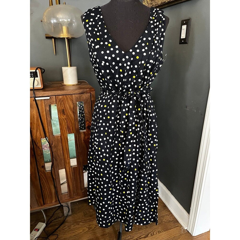 Ann Taylor Cotton Navy Polka Dot Print wrap Summer Dress Belted sz 16